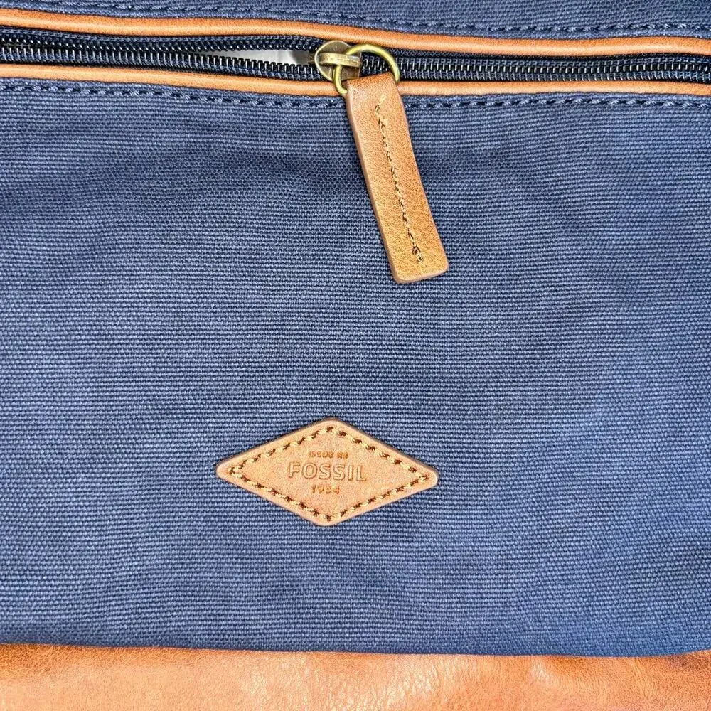 NWT Fossil Estate Navy Blue Canvas Brown Leather Classic Vintage Retro Backpack